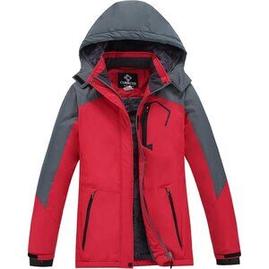 Womens Red-greyMountain Waterproof Ski Jacket Hooded Windproof Winter Coat Snow